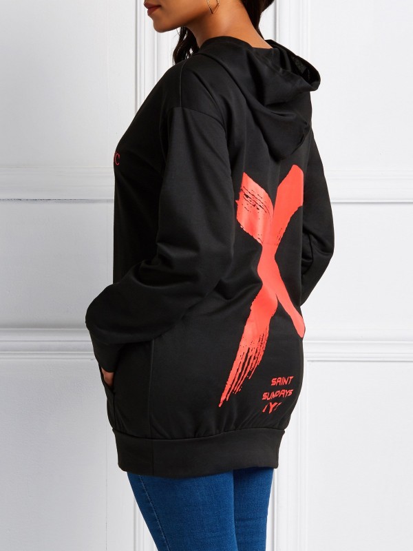 Polyester Letter Print Hooded Hoodie