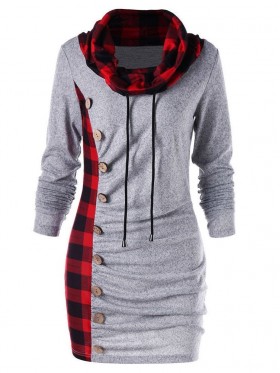 Check Patchwork Lace Up High Collar Hoodie