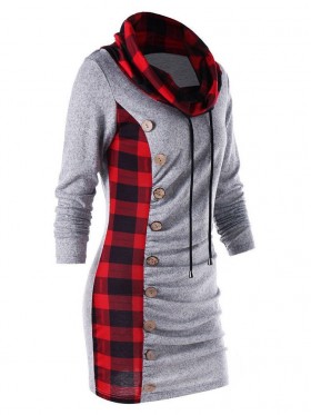 Check Patchwork Lace Up High Collar Hoodie