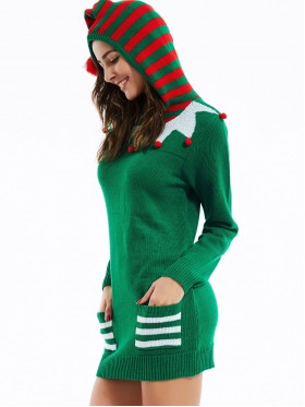 Christmas Color Block Pullover Hooded Knitwear