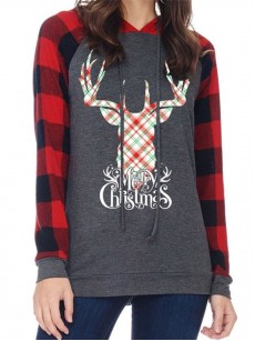 Plaid Elk Print Loose Hoodie