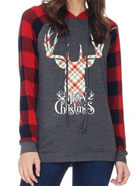 Plaid Elk Print Loose Hoodie