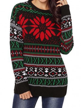 Christmas Element Digital Print Round Neck Sweater