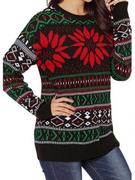 Christmas Element Digital Print Round Neck Sweater