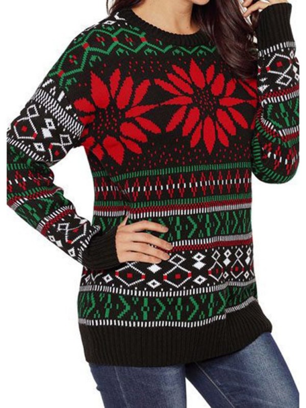 Christmas Element Digital Print Round Neck Sweater