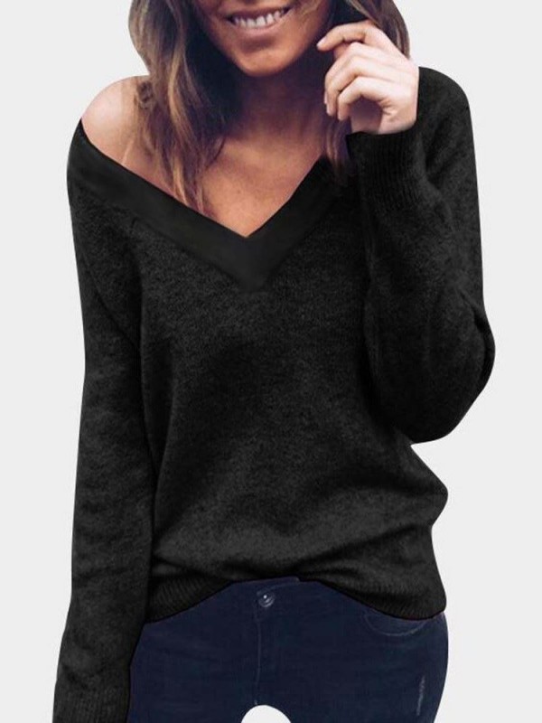 Casual Solid Color V Neck Women's Knitwear