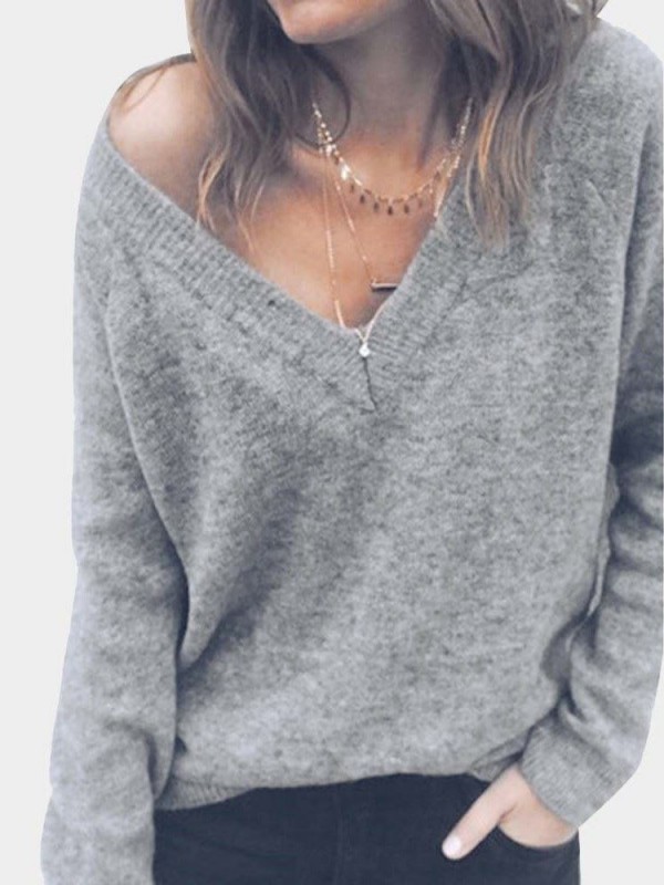 Casual Solid Color V Neck Women's Knitwear