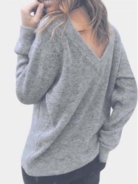 Casual Solid Color V Neck Women's Knitwear