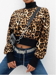 Leopard Print Regular Patchwork Leopard Short Turtleneck Hoodie