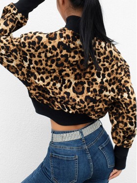 Leopard Print Regular Patchwork Leopard Short Turtleneck Hoodie