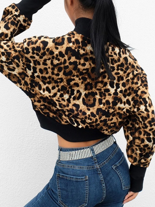 Leopard Print Regular Patchwork Leopard Short Turtleneck Hoodie