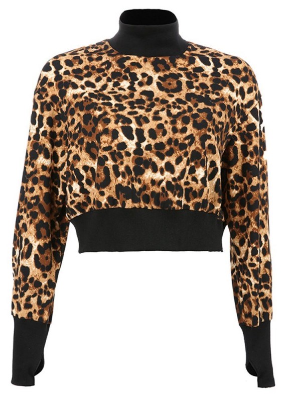 Leopard Print Regular Patchwork Leopard Short Turtleneck Hoodie