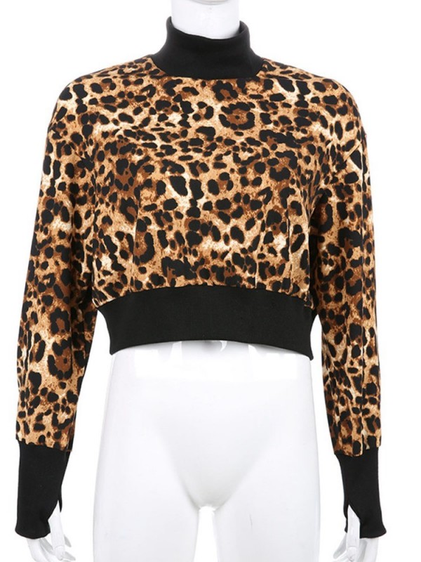 Leopard Print Regular Patchwork Leopard Short Turtleneck Hoodie