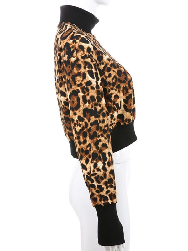 Leopard Print Regular Patchwork Leopard Short Turtleneck Hoodie