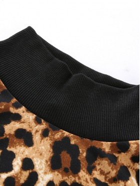 Leopard Print Regular Patchwork Leopard Short Turtleneck Hoodie