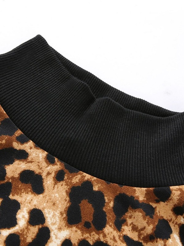 Leopard Print Regular Patchwork Leopard Short Turtleneck Hoodie