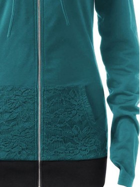 Lace Patchwork Zipper Long Sleeve Women's Hoodie