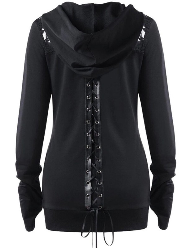 Lace Patchwork Zipper Long Sleeve Women's Hoodie