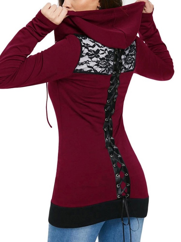 Lace Patchwork Zipper Long Sleeve Women's Hoodie