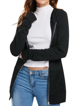 Lace Patchwork Zipper Long Sleeve Women's Hoodie