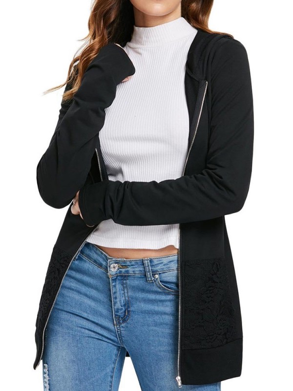 Lace Patchwork Zipper Long Sleeve Women's Hoodie