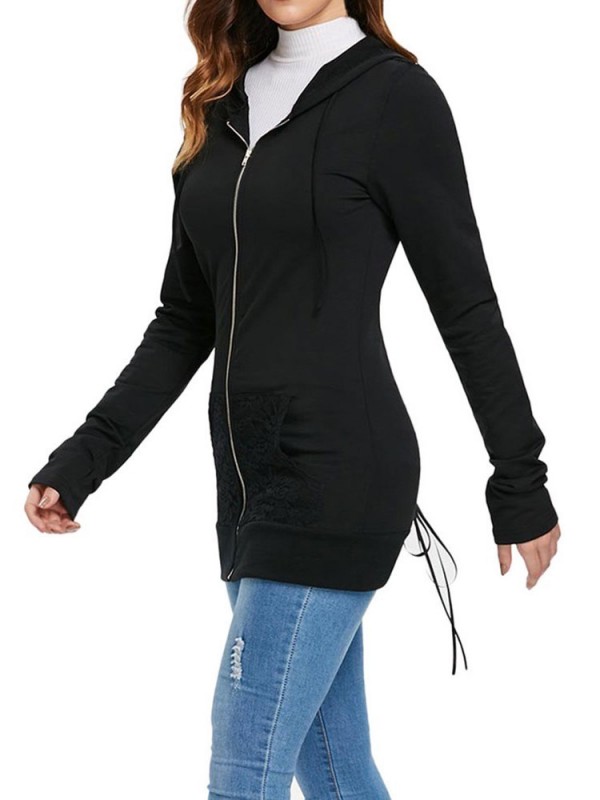 Lace Patchwork Zipper Long Sleeve Women's Hoodie