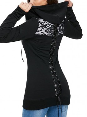 Lace Patchwork Zipper Long Sleeve Women's Hoodie