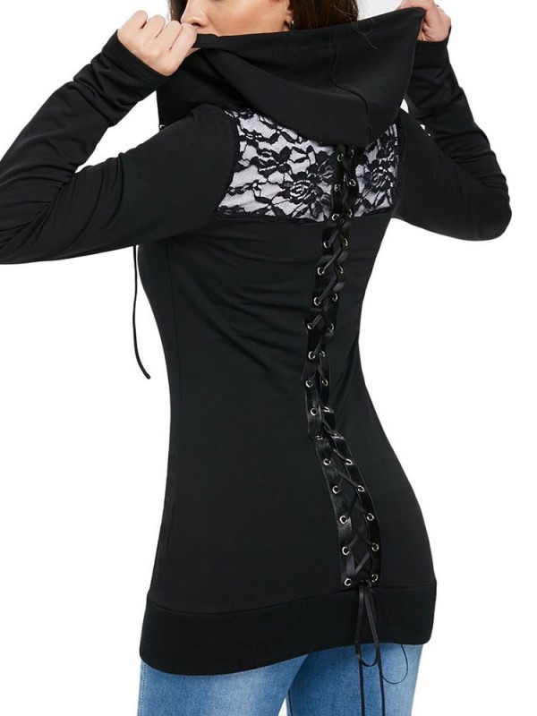 Lace Patchwork Zipper Long Sleeve Women's Hoodie