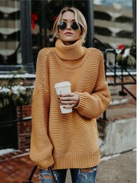 Solid Color Turtleneck Long Sleeve Pullover Knitwear