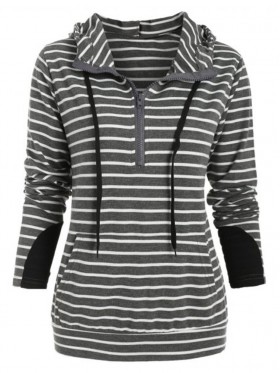 Long Sleeve Patchwork Striped Pullover Hoodie