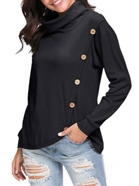 Fashion Buckle Long Sleeve Pullover High Collar Hoodie