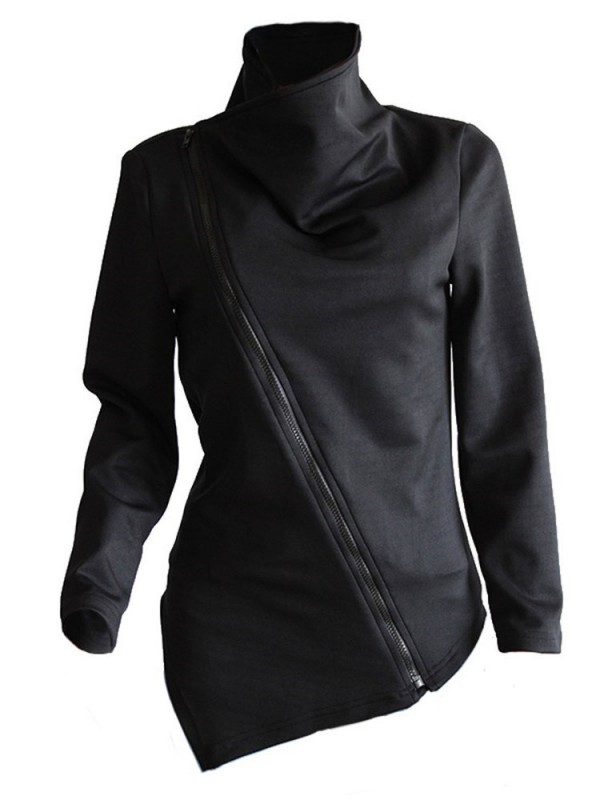 New Diagonal Zipper Long Sleeve Irregular Hoodie