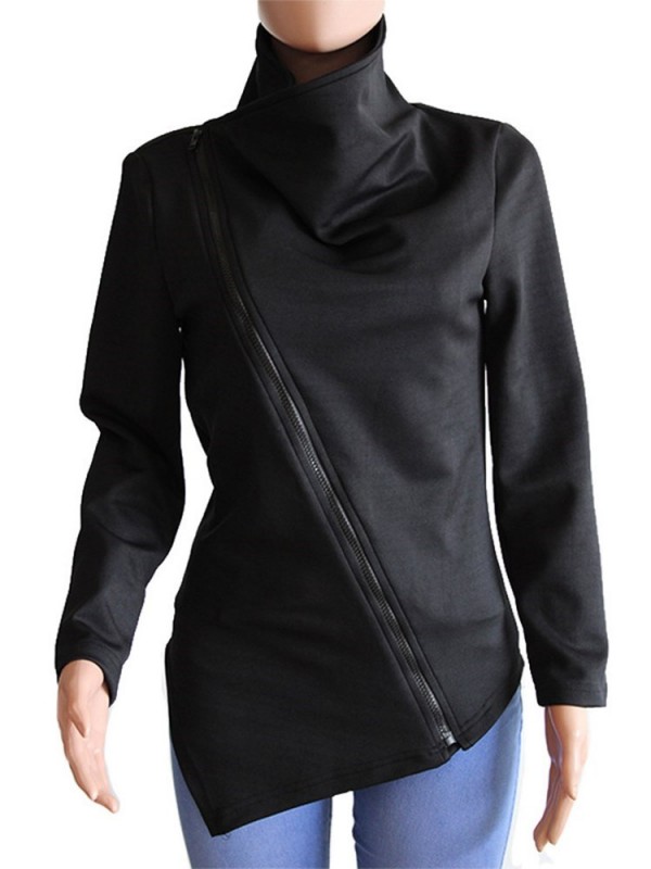 New Diagonal Zipper Long Sleeve Irregular Hoodie