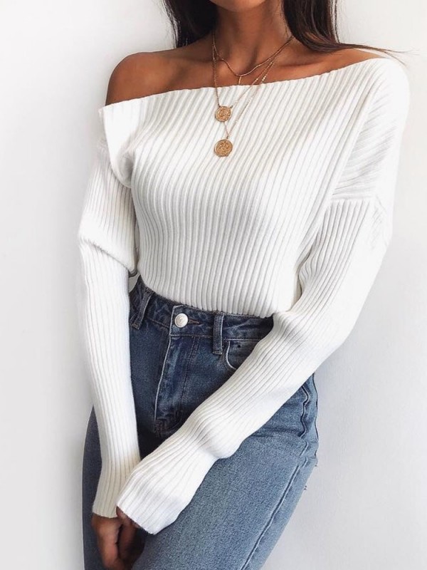 Fashion Sexy Black One Shoulder Pullover Knitwear