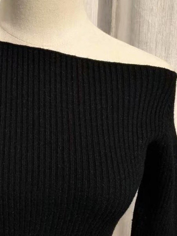 Fashion Sexy Black One Shoulder Pullover Knitwear