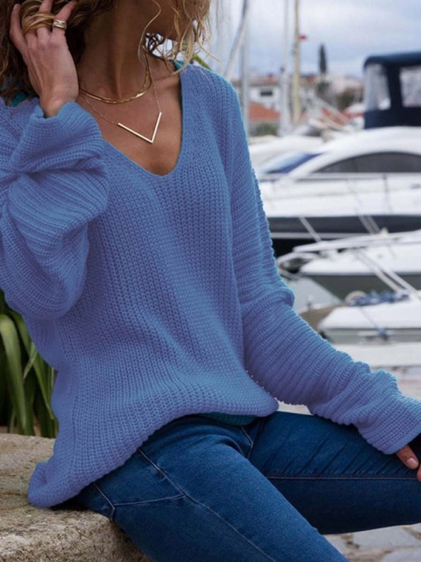 Sexy Solid Color V-Neck Long Sleeve Knitwear