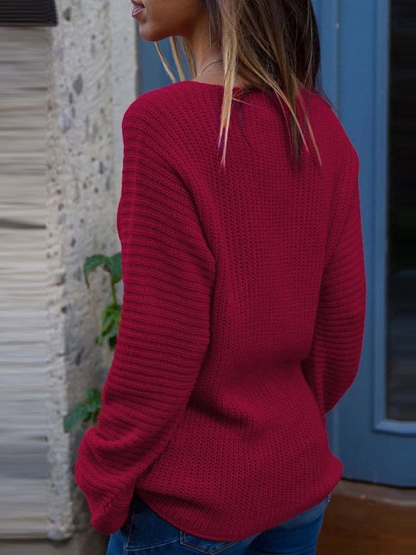 Sexy Solid Color V-Neck Long Sleeve Knitwear